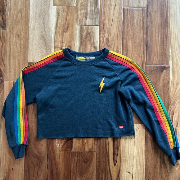 Aviator Nation Bolt Embroidery Classic Cropped Crew Sweatshirt - Rainbow Stripes - Picture 1 of 3